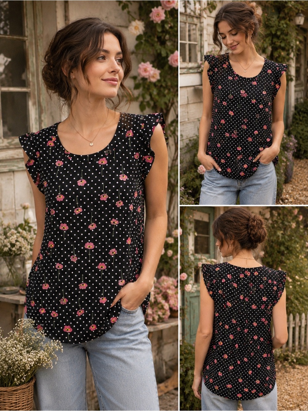 Pleione Black Polka Dot & Pink Poppy Print Flutter Sleeve Blouse Size XS